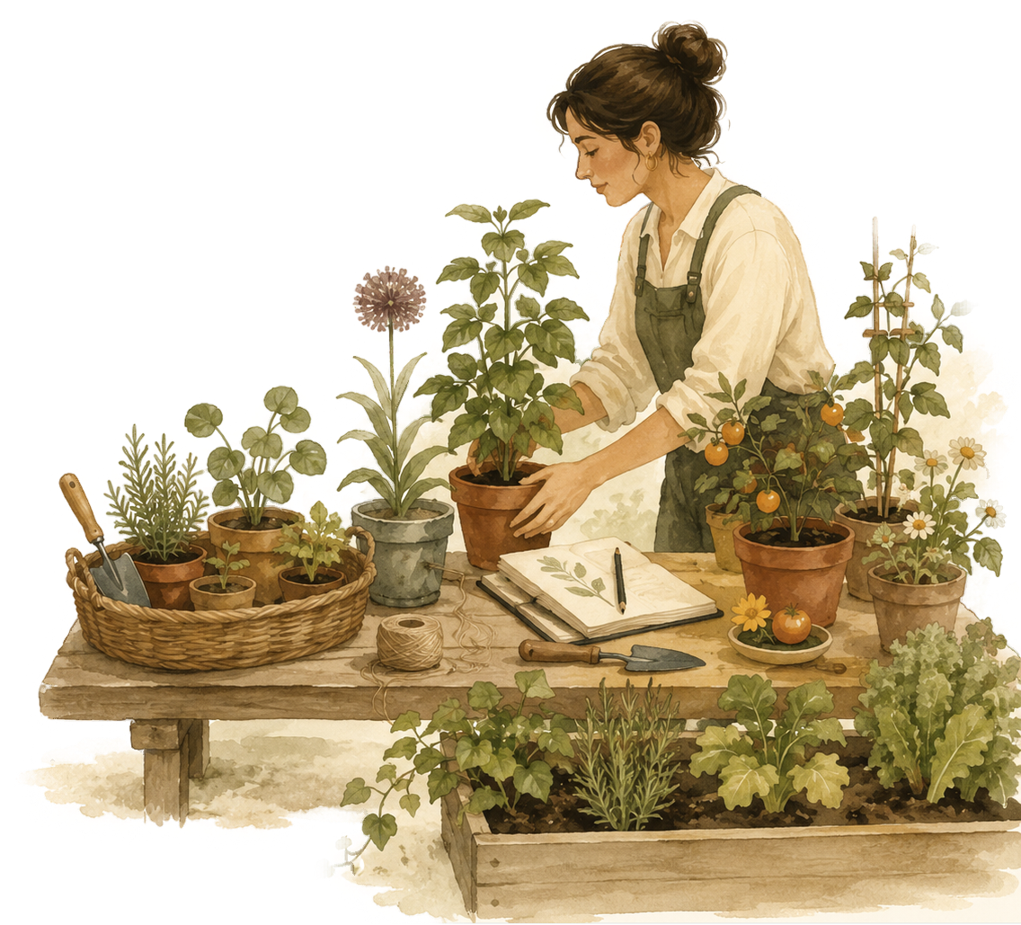 A contributor arranging plants and notes on a garden workbench.