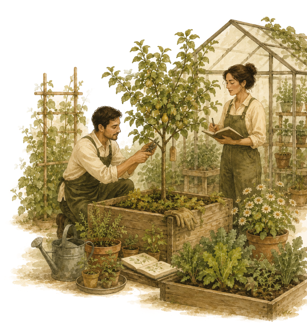Two Stewards tending a garden beside a greenhouse.